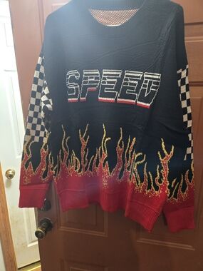 Black "SPEED" Flame & Checkered Racing Sweater